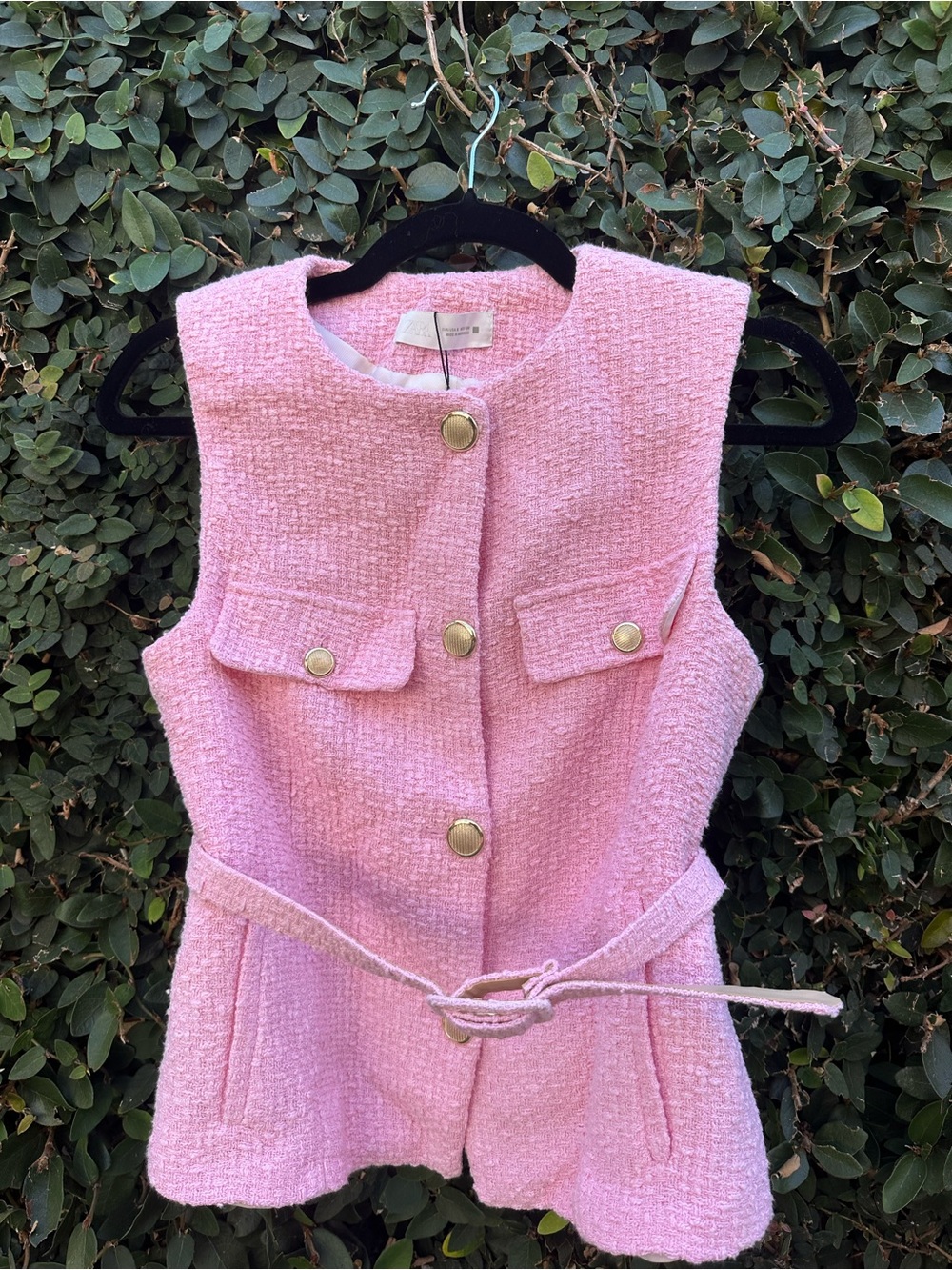 Zara Pink Tweed Belted Vest with Gold Buttons